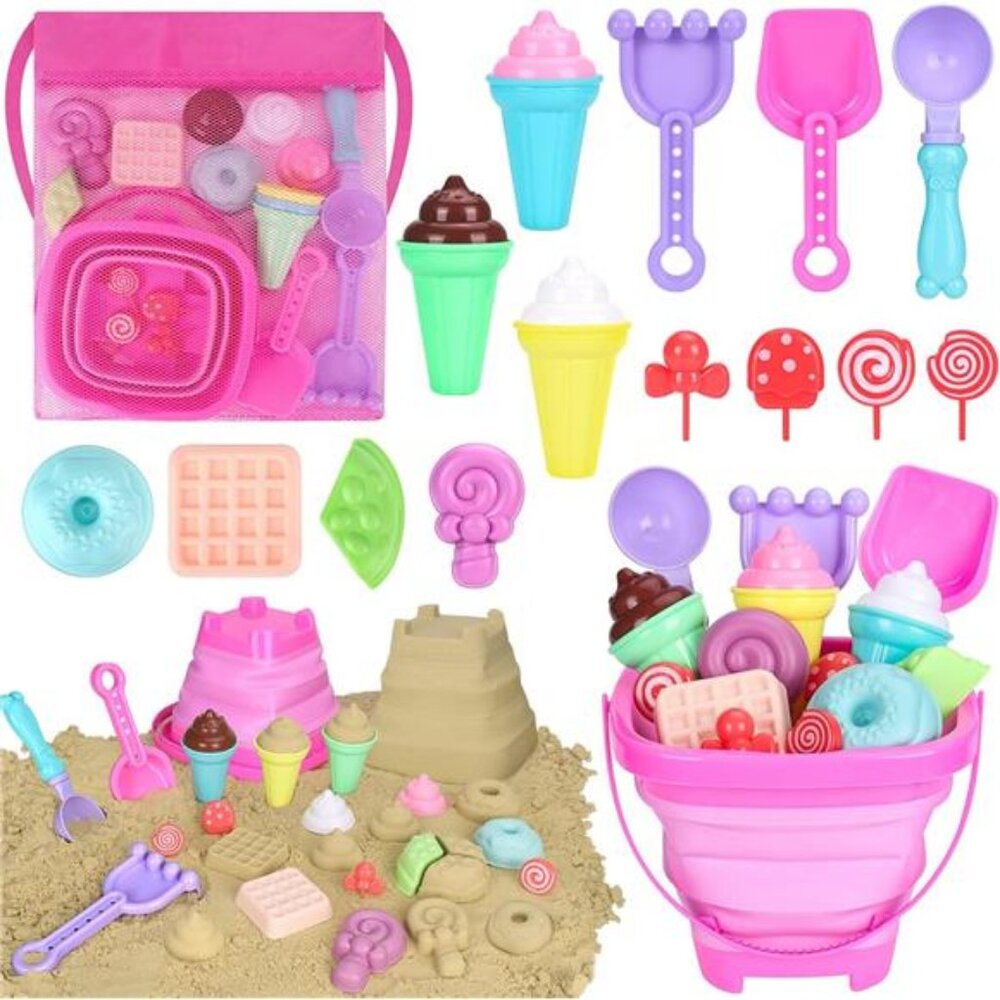 Collapsible Beach Toys Set for Girls, Collapsible Sand Bucket and Shovels Set